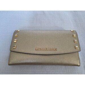 Michael Kors Karla Trifold Wallet Gold Metallic Studded Saffiano Leather